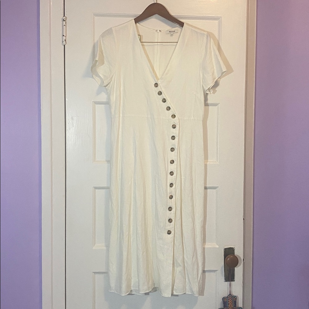 Madewell Linen-Blend Button-Wrap Midi Dress size 10 Large White Neutral Minimal